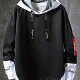 kkboxly  Trendy Letter Print Hoodie, Cool Hoodies For Men, Men's Casual Graphic Design Pullover Hooded Sweatshirt Retro Color Block Streetwear For Winter Fall, As Gifts