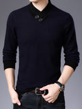 All Match Knitted Slim Sweater, Men's Casual Warm Slightly Stretch Shawl Collar Pullover Sweater For Men Fall Winter