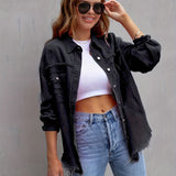 Plain Ripped Holes Lapel Denim Jackets, Distressed Raw Hem Long Sleeves Casual Denim Coats, Women's Denim  Clothing