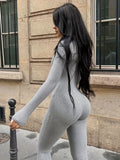 kkboxly  Solid Color Long Sleeve Jumpsuit, Fitness Yoga Slim Fit Yoga Bodysuit, Women's Activewear