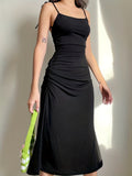 kkboxly  Solid Ruched Spaghetti Strap Dress, Elegant Backless Dress, Women's Clothing