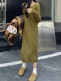 kkboxly  Solid Long Sleeve Knit Dress, Chic Notch Neck Midi Length Dress, Women's Clothing