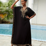 Plus Size Boho Kaftan Dress, Women's Plus Golden Embroidered Bat Sleeve Notched Neck Maxi Cover Up Dress