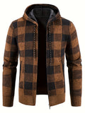 kkboxly  All Match Knitted Plaid Hooded Cardigan Jacket, Men's Casual Warm Slightly Stretch Zip Up Jacket Coat For Fall Winter