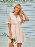 kkboxly  Swiss Dot Surplice Neck Dress, Casual Ruffle Trim Short Sleeve Dress, Women's Clothing