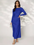 kkboxly  Ruched Solid Dress, Casual Long Sleeve Bodycon Maxi Dress, Women's Clothing