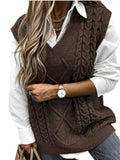 kkboxly  Cable V-Neck Sweater Vests, Casual Loose Sleeveless Fall Winter Knit Sweater Vest, Women's Clothing