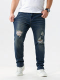 Plus Size Mens Ripped Washed Jeans, Loose Oversized Denim Long Pants, Vintage & Chic Style