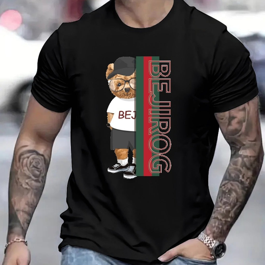 kkboxly  Teddy Bear Men's Trendy T-shirt For Summer Outdoor, Casual Bejirog Letter Print Mid Stretch Crew Neck Tee Short Sleeve Graphic Stylish Top