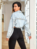 Blue Studded Decor Denim Jackets, Long Sleeves Non-Stretch Lapel Cropped Denim Coats, Women's Denim Clothing