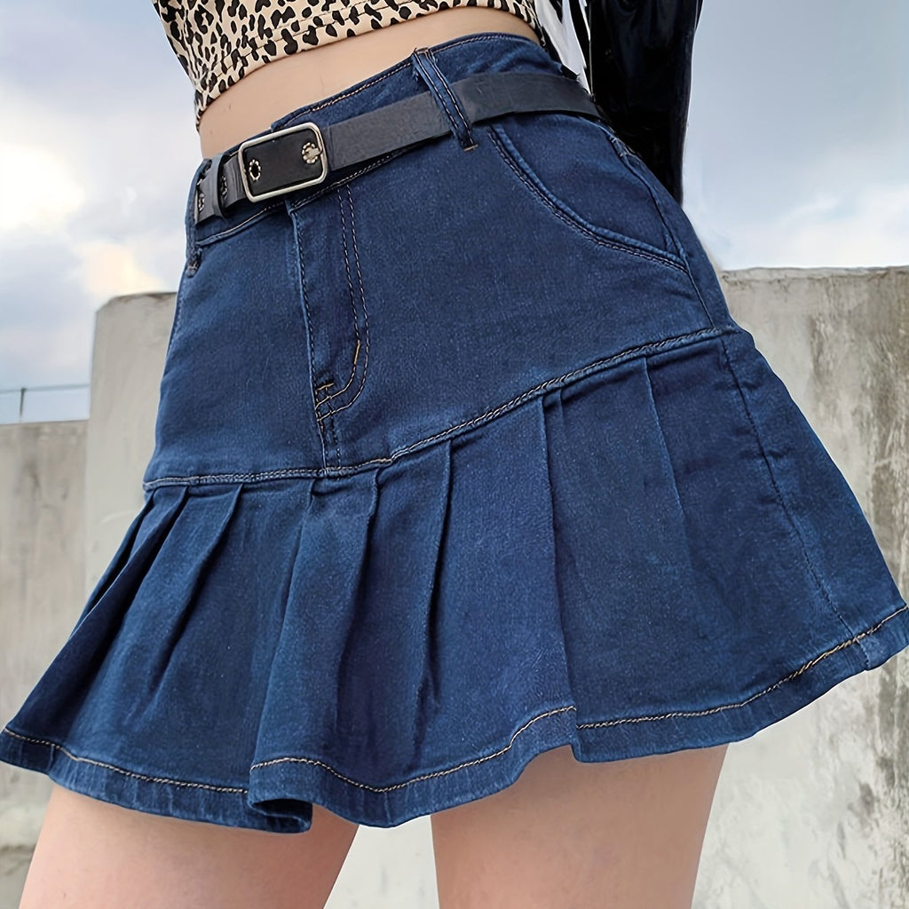 kkboxly  2-in-1 Pleated Bodycon Mini Skirt, Boxer Shorts Inside Anti-Exposed Denim Skirt Without Metal Chain Decor, Preppy Y2K Kpop Style, Women's Denim Shorts & Skirts