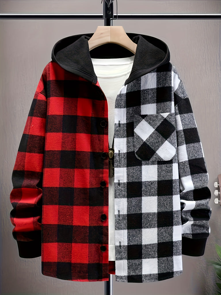 Men's Color Block Hooded Checkered Sweatshirt Casual Long Sleeve Hoodies With Button Gym Sports Hooded Jacket