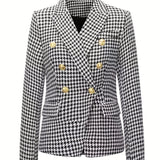 kkboxly  Houndstooth Print Lapel Blazer, Elegant Double Breasted Long Sleeve Outerwear, Women's Clothing