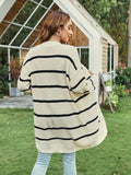 Striped Open Front Drop Shoulder Knit Cardigan, Casual Long Sleeve Cardigan For Fall & Winter, Women's Clothing