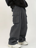 Solid Color Multi Flap Pockets Men's Straight Leg Cargo Pants, Loose Baggy Pants Casual Outdoor Pants, Men's Work Pants