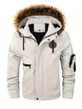 kkboxly  Plus Size Men's Badge Print Hooded Jacket Windbreaker Cargo Jacket For Fall Winter, Men's Clothing