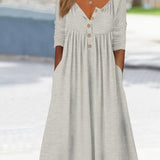 kkboxly  Dual Pockets Button Dress, Casual Crew Neck Long Sleeve Dress, Women's Clothing