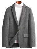 kkboxly  Wool Blend Elegant Plaid Blazer, Men's Casual Flap Pocket Button Up Sports Coat For Fall Winter Business Banquet