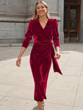 kkboxly  Solid V-neck Velvet Slim Dress, Elegant Dress For Party & Banquet, Women's Clothing