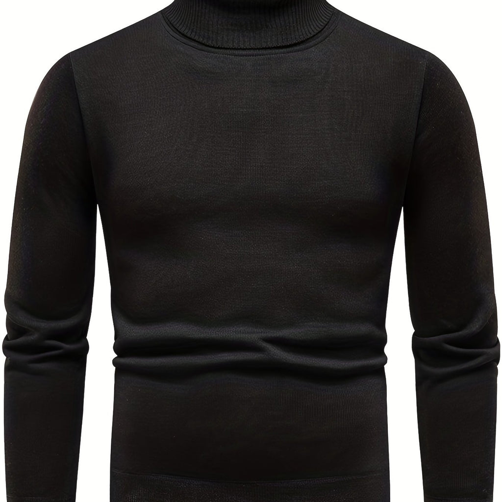 kkboxly  Turtle Neck Knitted Sweater, Men's Casual Warm Solid Color Mid Stretch Pullover Sweater For Fall Winter
