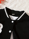 2025 kkboxly  Girls 2pcs Long Sleeve Baseball Jacket Button Coat & Pleated Short Skirt Letter B Print Corduroy Preppy Casual Kids Clothes For Spring And Autumn
