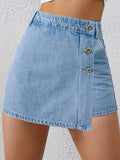 kkboxly  A-Line Casual Denim Skirt, Asymmetrical Button Front High Waist Denim Skort, Women's Denim Clothing