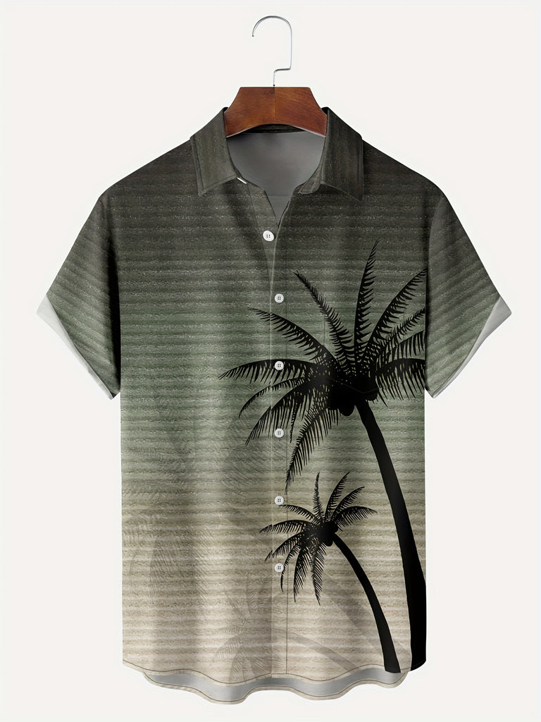 kkboxly  Coconut Tree Print Casual Short Sleeve Shirt, Men's Hawaiian Shirt For Summer Vacation Resort