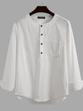 kkboxly  Cotton Linen Tops, Men's Plus Size Loose Casual Streetwear With Pocket, Simple All-match Solid O-Neck Long Sleeve Shirts