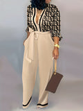 kkboxly  Geometric Print Stitching Jumpsuit, Long Sleeve Lace Up Wide Leg Jumpsuit, Women's Clothing