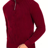 kkboxly  Men's Stand Collar Solid Knit Sweater , Men's Casual Lapel Slightly Stretch V-Neck Pullover Sweater For Men Winter Fall