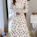 kkboxly  Polka Dot Print Bow Front Slim Dress, Long Sleeve Casual Every Day Dress For Spring & Fall, Women's Clothing