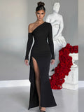 kkboxly  Split Thigh Solid Dress, Elegant Slanted Shoulder Long Sleeve Maxi Dress, Women's Clothing