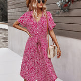 kkboxly  Sexy Floral Print Dress, Casual Short Sleeve V-neck Waist Belt Button Spring & Summer Dresses, Women's Clothing