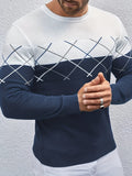 kkboxly  Crew Neck Knitted Sweater, Men's Casual Warm Color Block Slightly Stretch Pullover Sweater For Fall Winter