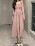 kkboxly  Solid Crew Neck Ruffle Hem Dress, Elegant Long Sleeve Slim Dress For Spring & Fall, Women's Clothing