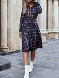 kkboxly  Plaid Print Button Front Shirt Dress, Casual Long Sleeve Belted Dress For Spring & Fall, Women's Clothing