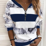 kkboxly  Floral Print Striped Zipper Pullover Sweatshirt, Casual Long Sleeve Sweatshirt For Fall & Winter, Women's Clothing