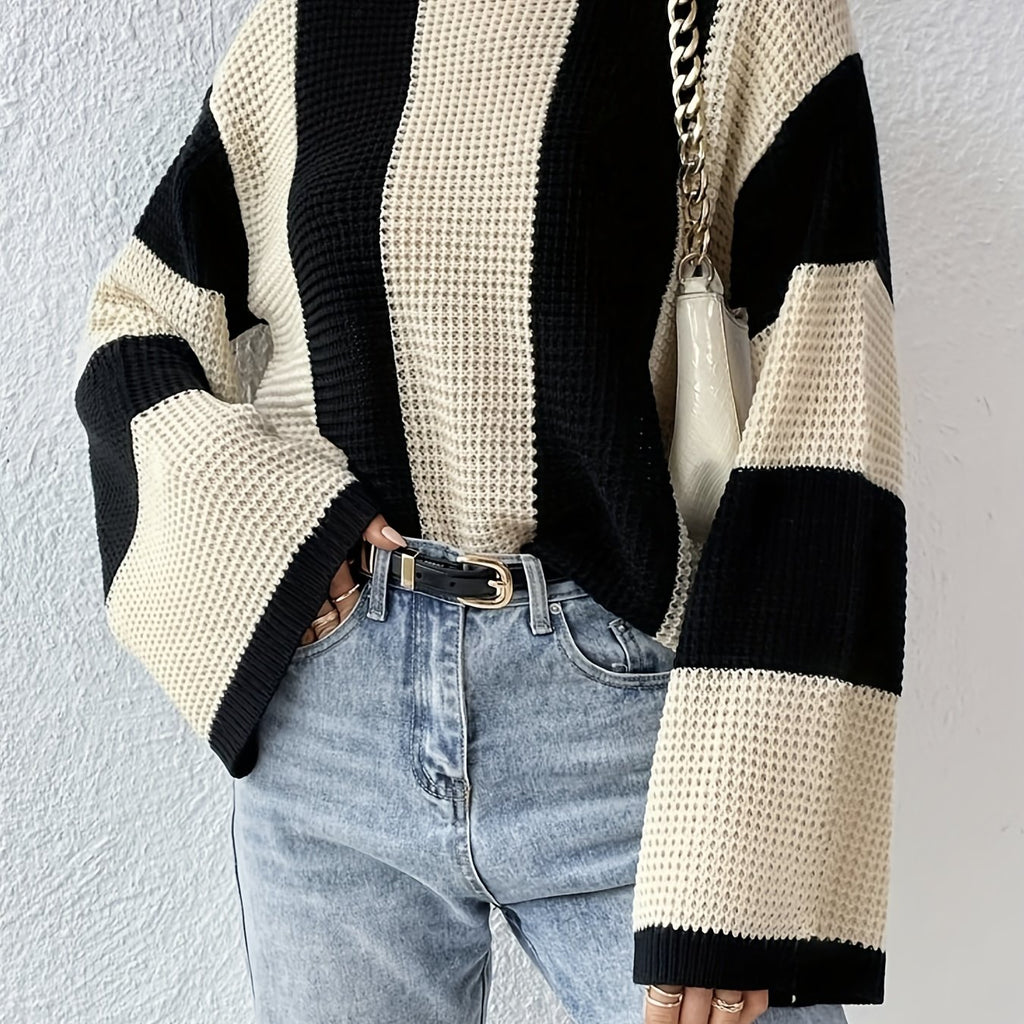 kkboxly  Color Block Crew Neck Sweater, Casual Long Sleeve Loose Sweater For Spring & Fall, Women's Clothing