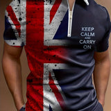 kkboxly  Trendy Flag Of The United Kingdom Union Jack & Slogan Pattern Print Men's Casual Short Sleeves Zipper Graphic Polo Shirts, Lapel Collar Tops Pullovers, Men's Clothing For Summer