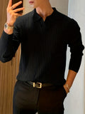 kkboxly  Chic Knit Polo Shirt, Men's Casual Stylish Lapel Middle Stretch V-Neck Pullover Sweater For Winter Autumn