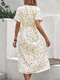 kkboxly  Ditsy Floral Print Dress, Casual Drawstring V Neck Dress, Women's Clothing