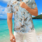 kkboxly  Tropical Leaf Retro Hawaiian Shirt, Men's Casual Button Up Short Sleeve Shirt For Summer Vacation Resort