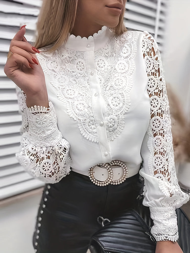 kkboxly  Women's Blouses Women Sexy Lace Patchwork Hollow Out Shirt Blouse Long Sleeve O-Neck Elegant Blouses