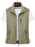 kkboxly  Zipper Pockets Cargo Vest, Men's Casual Outwear Stand Collar Zip Up Vest For Spring Summer Outdoor Fishing Photography