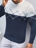 kkboxly  Crew Neck Knitted Sweater, Men's Casual Warm Color Block Slightly Stretch Pullover Sweater For Fall Winter