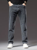 kkboxly  Men's Stylish Cotton Blend Solid Denim Trousers With Pockets, Causal Breathable Slim-fit Jeans For Spring Fall Outdoor Activities