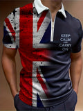 kkboxly  Trendy Flag Of The United Kingdom Union Jack & Slogan Pattern Print Men's Casual Short Sleeves Zipper Graphic Polo Shirts, Lapel Collar Tops Pullovers, Men's Clothing For Summer