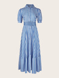 kkboxly  Elegant Striped Lace Up Long Dress, Short Sleeve V-neck Swing Belt Summer Long Dresses, Women's Clothing