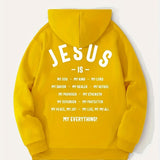 kkboxly  Men's Jesus Is My Everything Print Hoodie With Assorted Colors, Casual Slightly Stretch Drawstring Long Sleeves Hooded Sweatshirt, Men's Clothing
