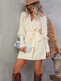kkboxly  Solid Wrap Sweater Dress, Casual V Neck Long Sleeve Mini Dress, Women's Clothing